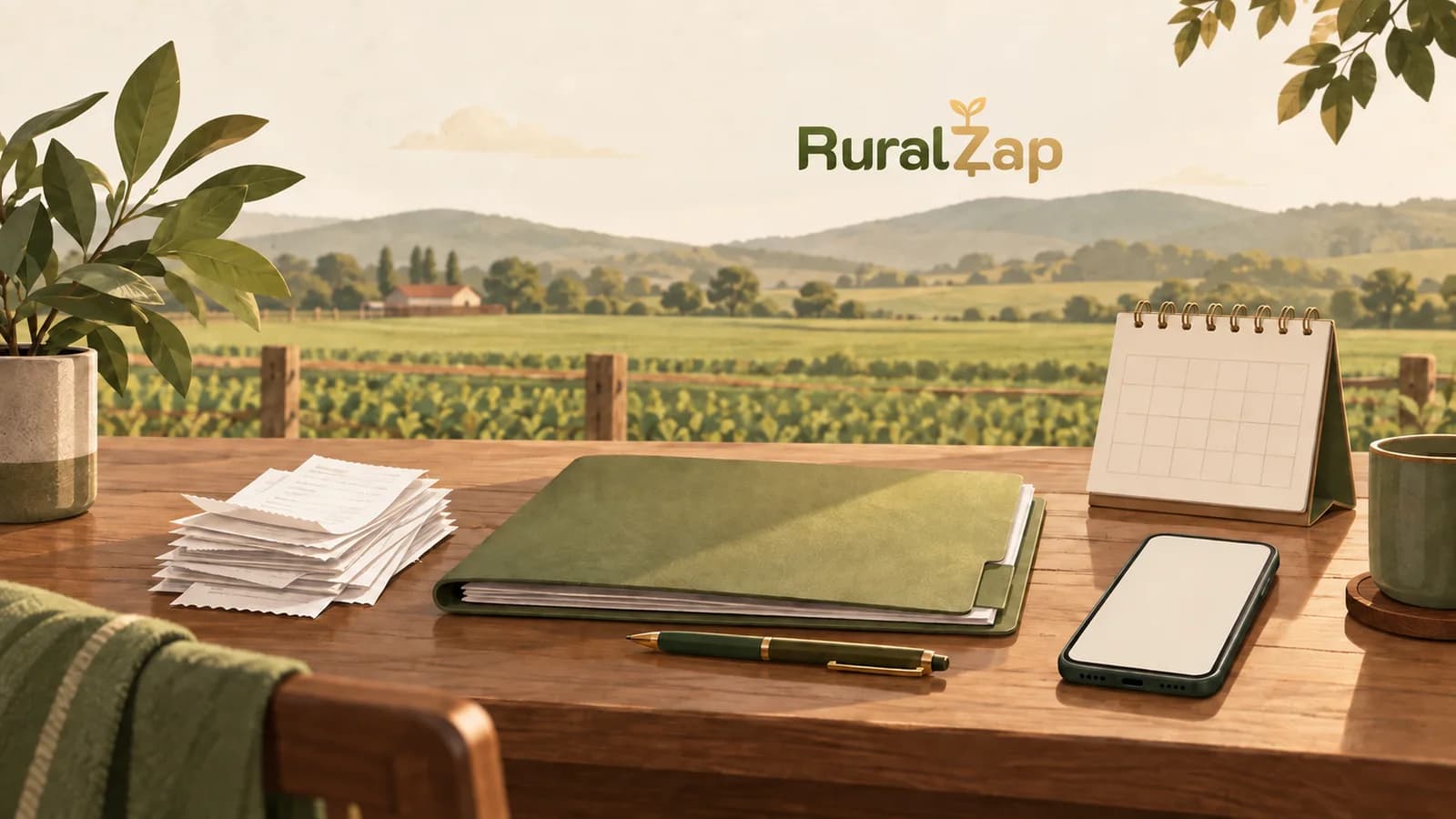 Pasta, comprovantes, celular e calendário sobre uma mesa diante da lavoura, com a marca RuralZap no céu.