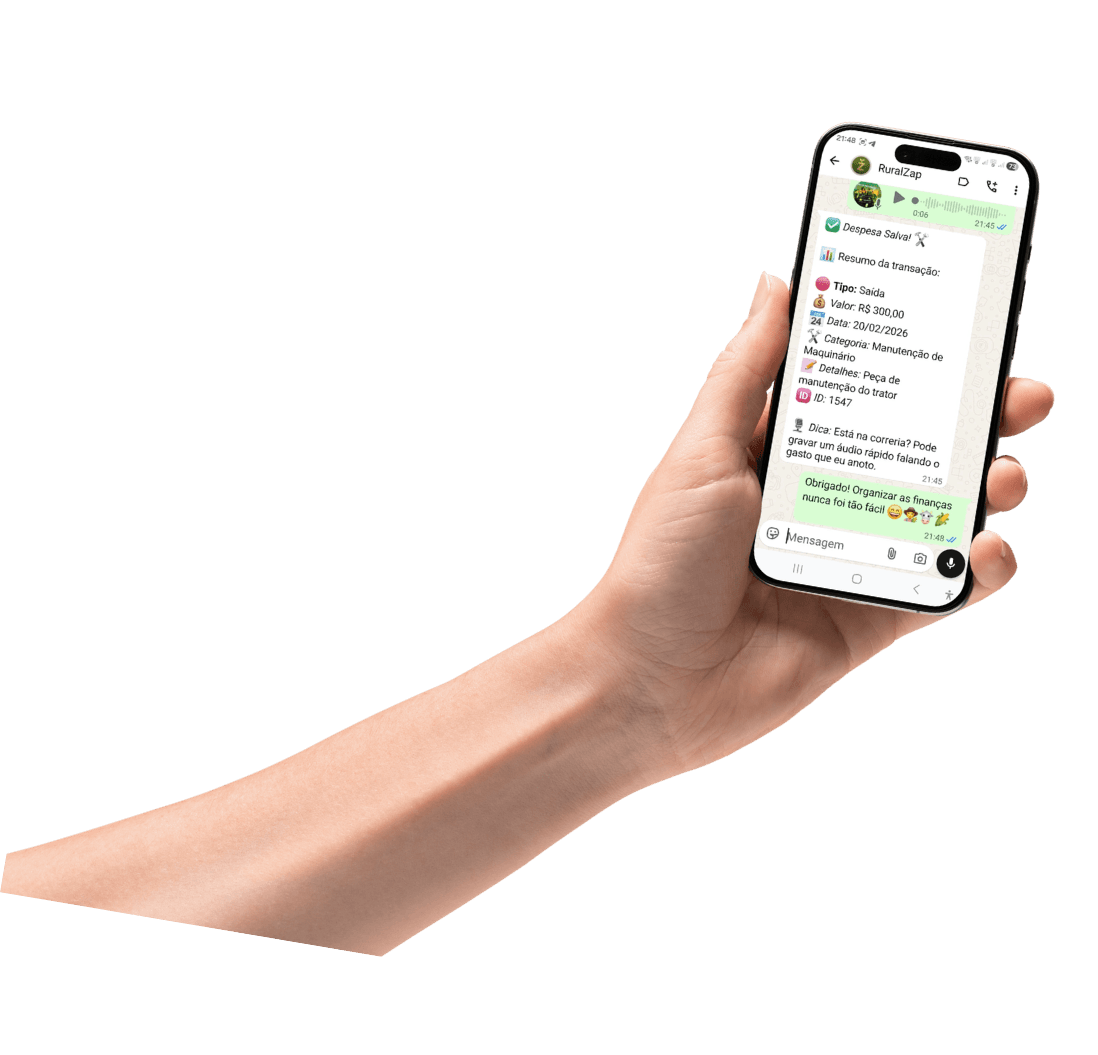 Demonstração do registro de uma despesa com o RuralZap no WhatsApp, em um celular.